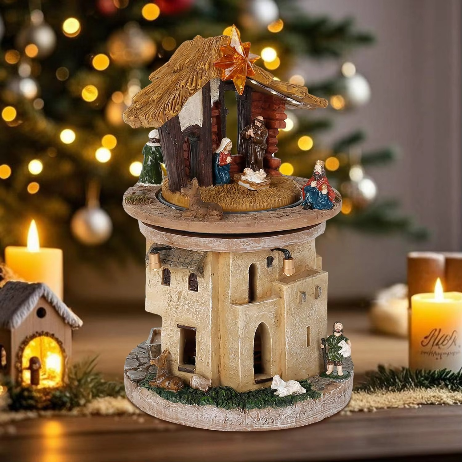 Animated Christmas Village Nativity Scene Holy Family Rotating Manger Figurine with Religious Songs And Lights Indoor Decoration