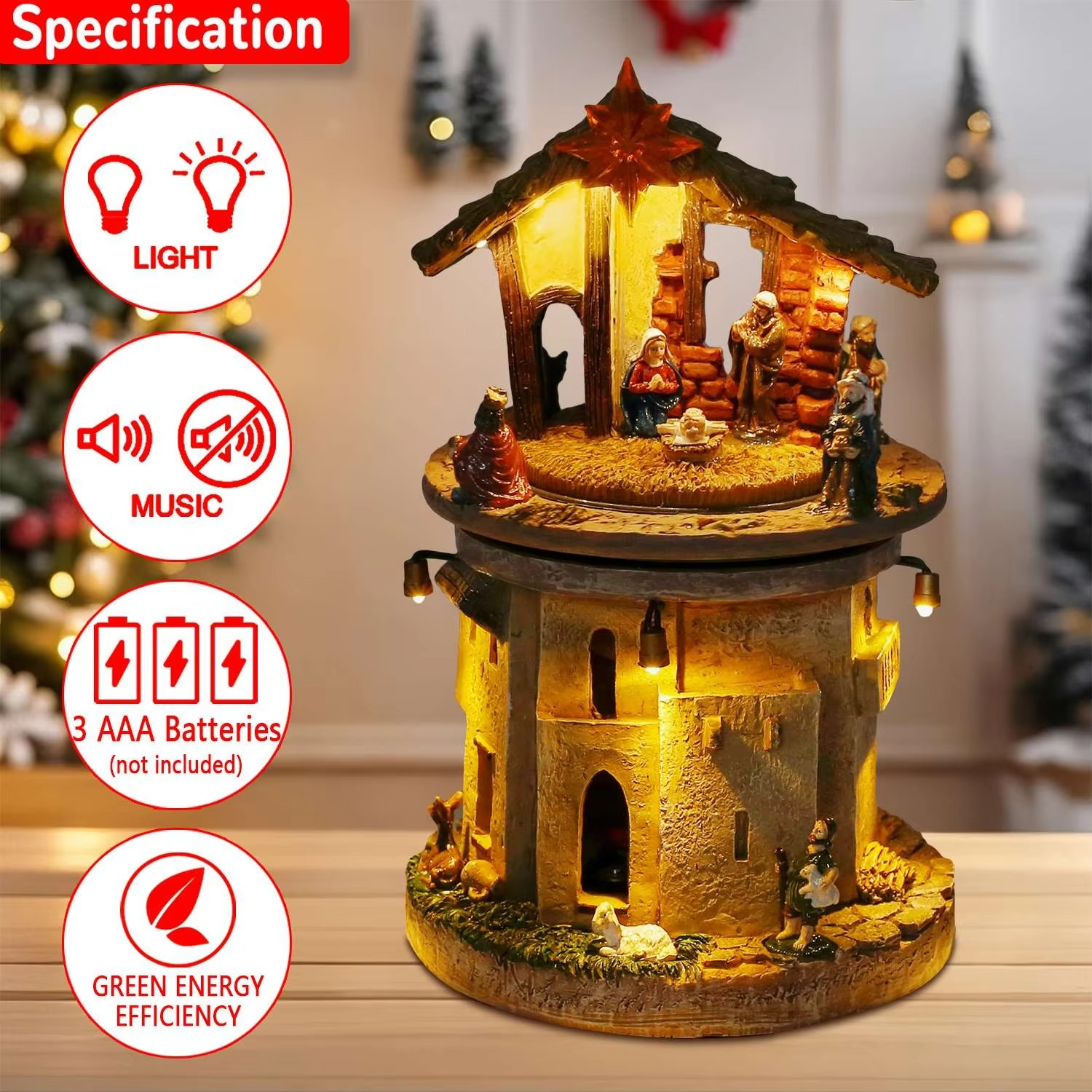 Animated Christmas Village Nativity Scene Holy Family Rotating Manger Figurine with Religious Songs And Lights Indoor Decoration