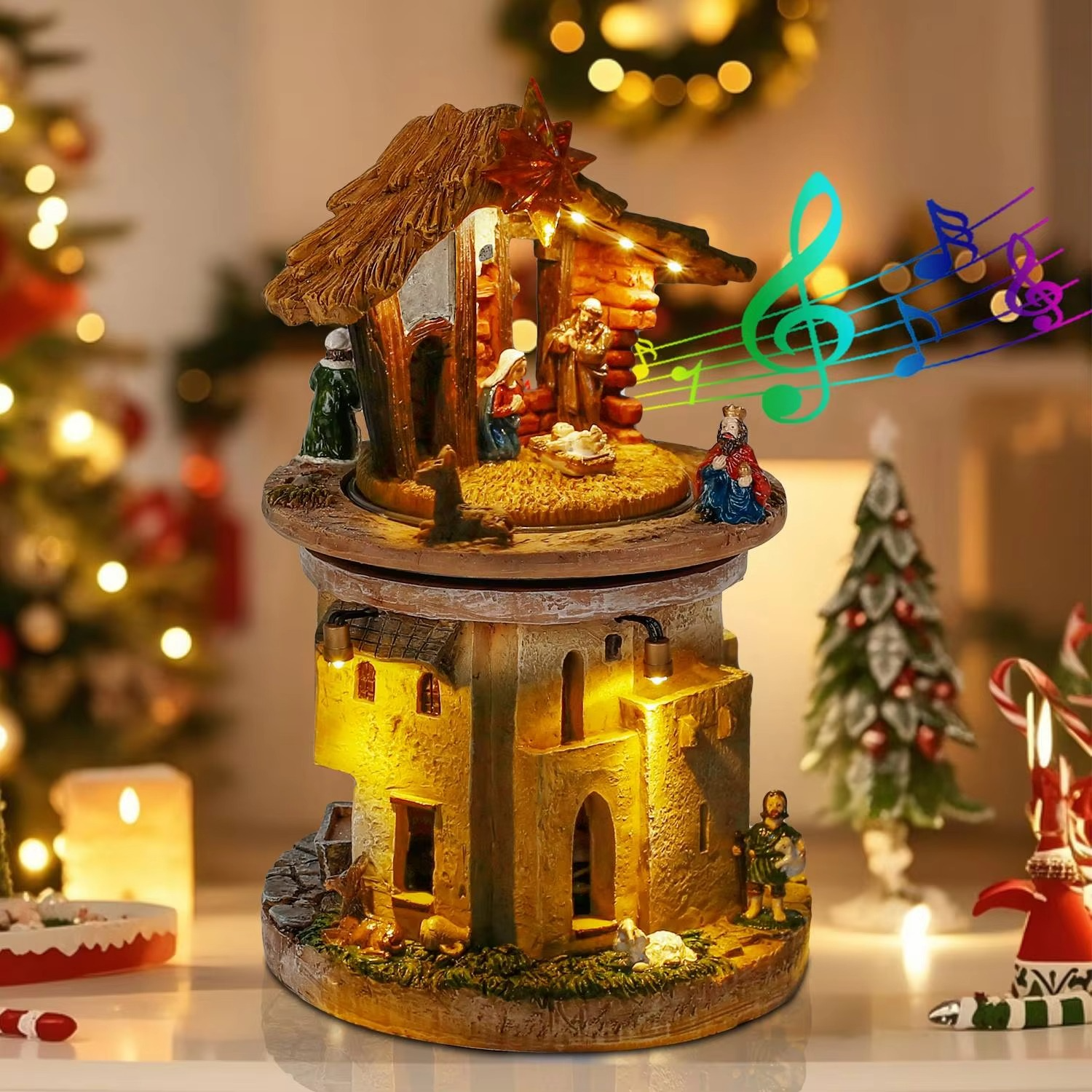 Animated Christmas Village Nativity Scene Holy Family Rotating Manger Figurine with Religious Songs And Lights Indoor Decoration
