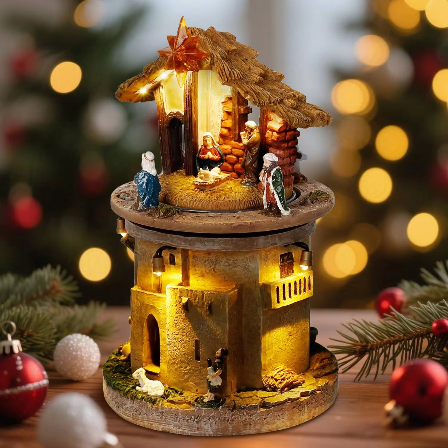 Animated Christmas Village Nativity Scene Holy Family Rotating Manger Figurine with Religious Songs And Lights Indoor Decoration