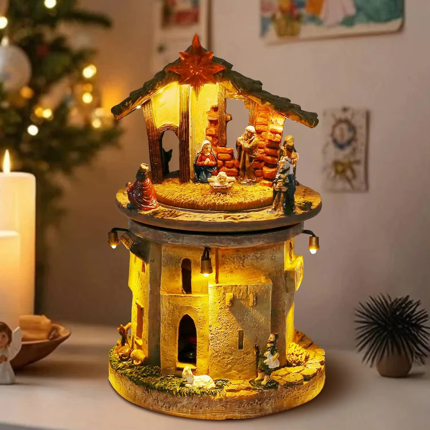 Animated Christmas Village Nativity Scene Holy Family Rotating Manger Figurine with Religious Songs And Lights Indoor Decoration