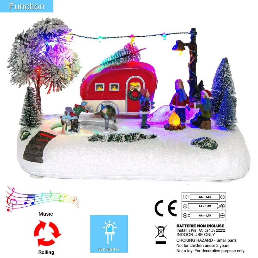 Animated Christmas Camper Village Building LED Light House Scene Collection Indoor Decoration for Table Fireplace Christmas Tree