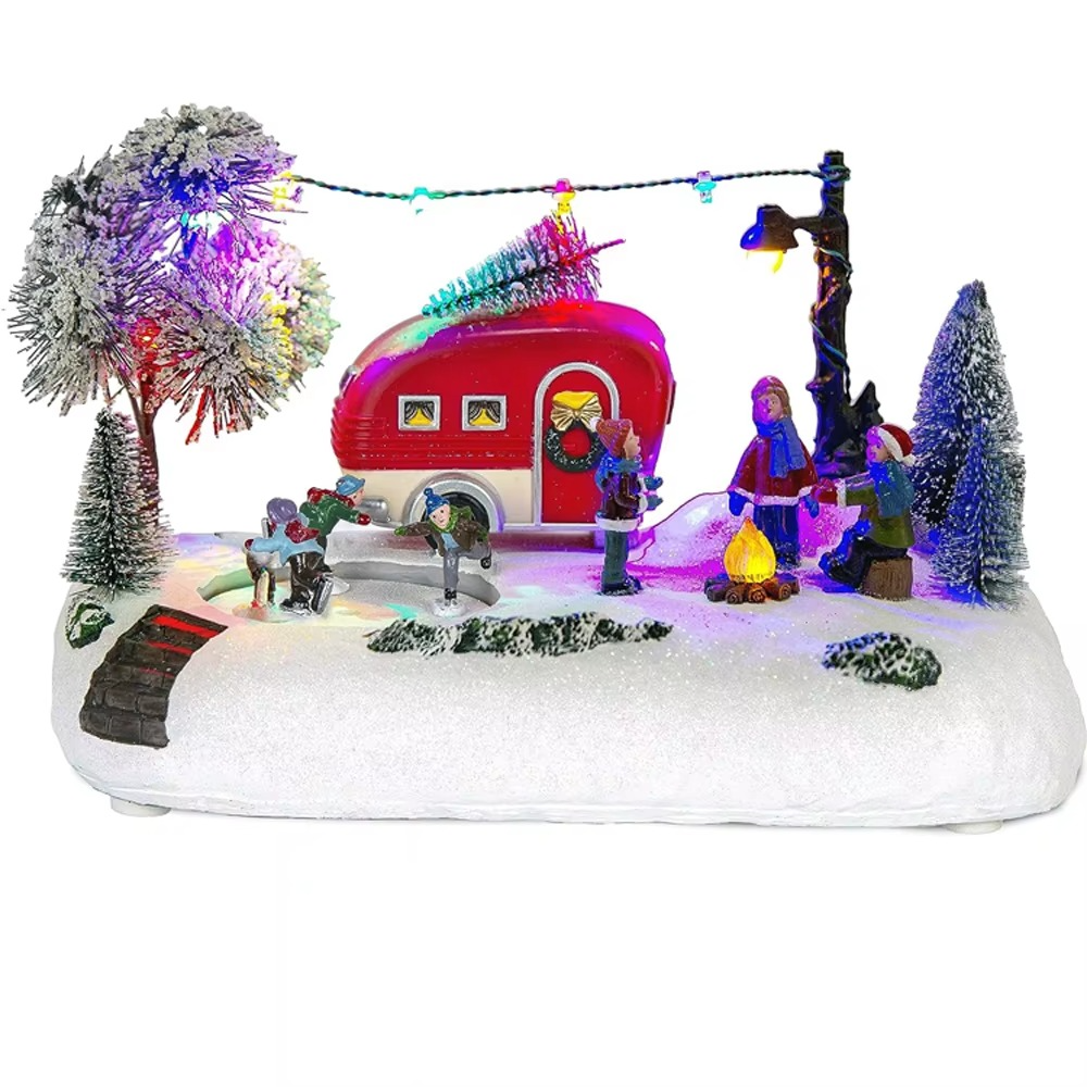 Animated Christmas Camper Village Building LED Light House Scene Collection Indoor Decoration for Table Fireplace Christmas Tree