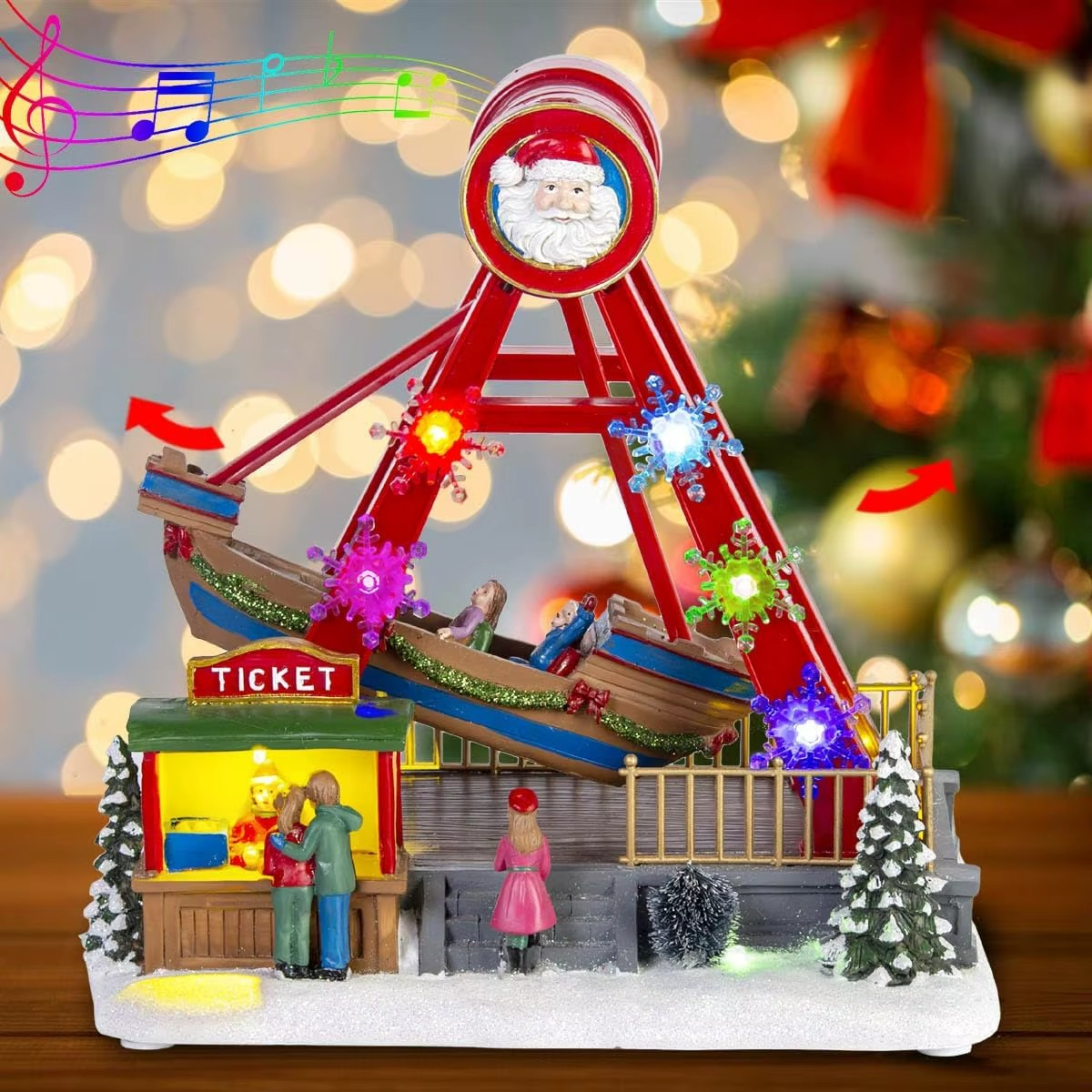 Christmas Village Collection Figurines Santa Ship Ride Animated Boat with LED Lights & Music Season Village Accessory Home Decor