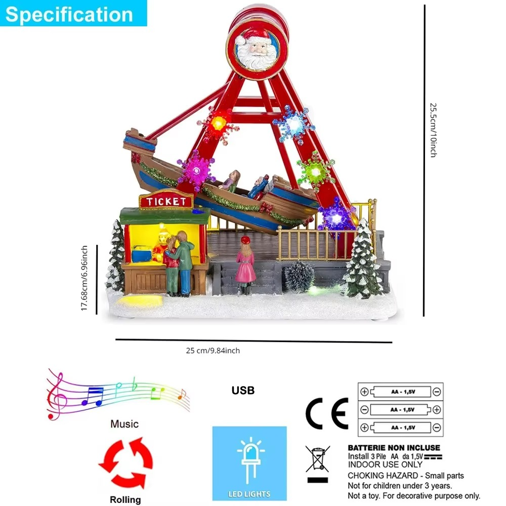 Christmas Village Collection Figurines Santa Ship Ride Animated Boat with LED Lights & Music Season Village Accessory Home Decor