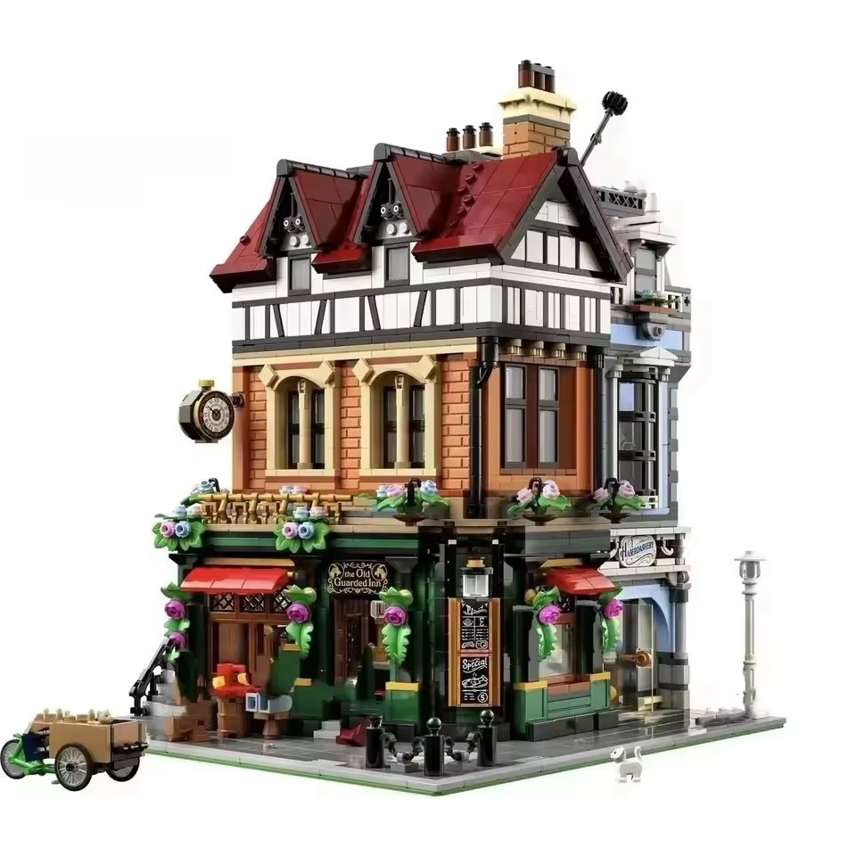 Architectural retro street view Tudor corner modular building block model brick adult children's toy Christmas birthday gift