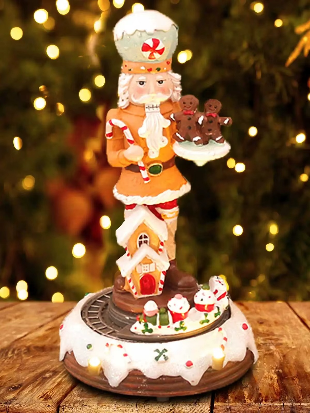 Christmas Gingerbread Nutcracker Collection Figurines Animated Rotating Train Tiered Decor with LED Light Home Indoor Ornaments