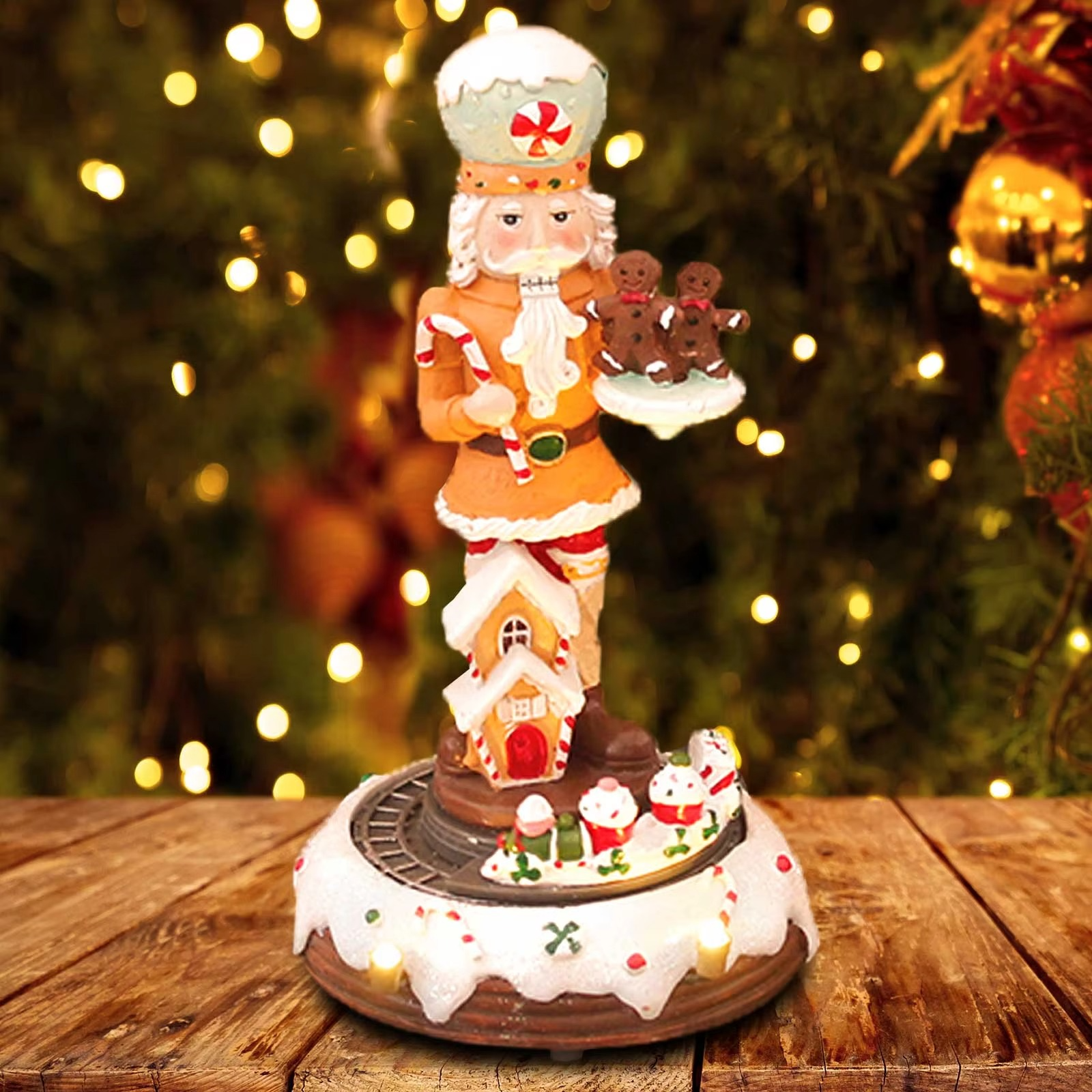 Christmas Gingerbread Nutcracker Collection Figurines Animated Rotating Train Tiered Decor with LED Light Home Indoor Ornaments