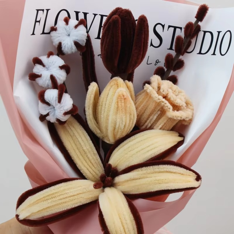 PIPE Brown Lily flowers Bouquets Handmade Artificial Flower Christmas‘ Day Gifts For Mom Girlfriend Fake Flowers Home Decor