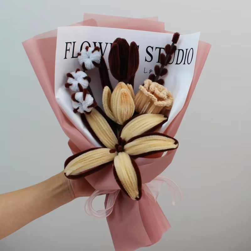PIPE Brown Lily flowers Bouquets Handmade Artificial Flower Christmas‘ Day Gifts For Mom Girlfriend Fake Flowers Home Decor