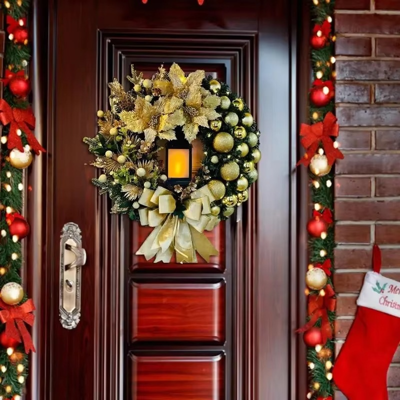 30cm Christmas Wreath With Lantern Front Door Garland With Large Bow Seasonal Ornament Christmas Decoration For Front Door Wall