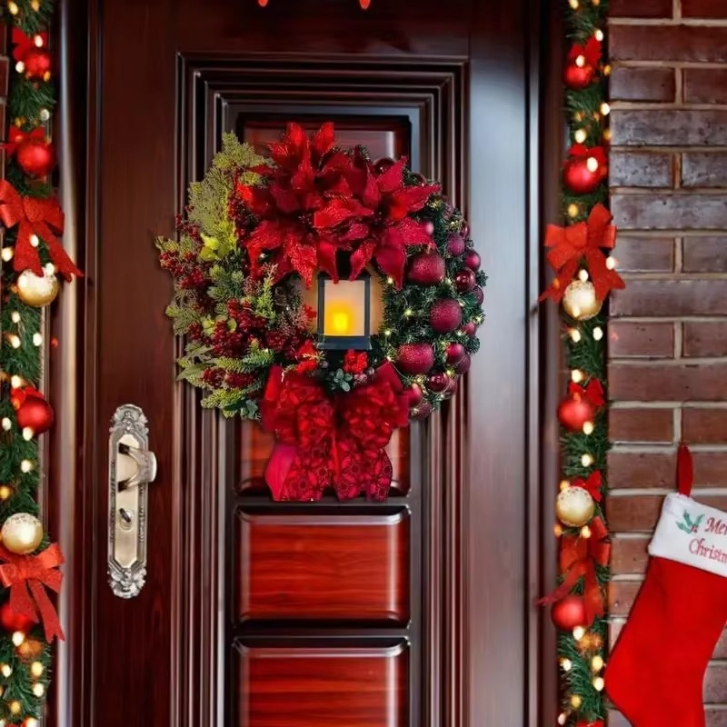 30cm Christmas Wreath With Lantern Front Door Garland With Large Bow Seasonal Ornament Christmas Decoration For Front Door Wall