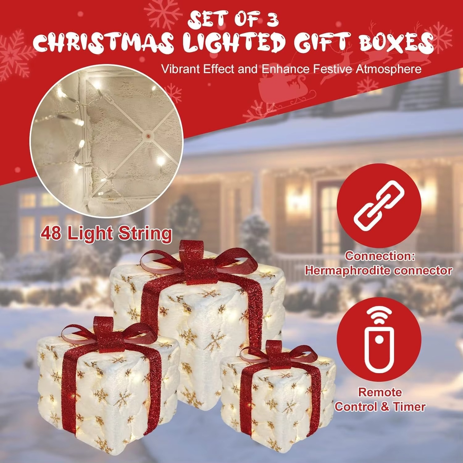 3Pcs Christmas Lighted Gift Boxes With Led Light Up Decorations Present Boxes Set Battery Operated for Indoor Patio Garden Decor