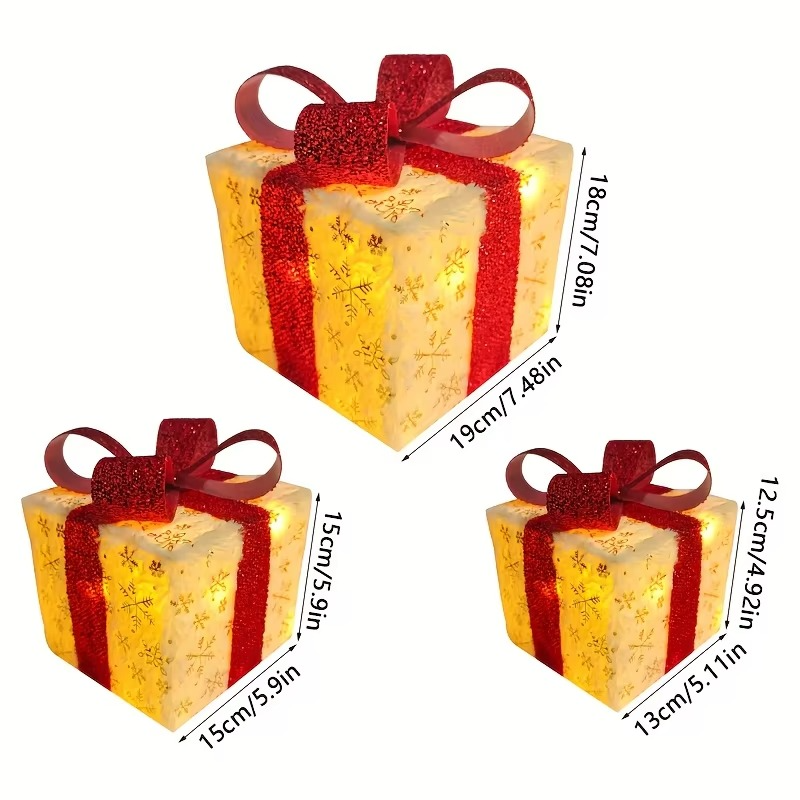3Pcs Christmas Lighted Gift Boxes With Led Light Up Decorations Present Boxes Set Battery Operated for Indoor Patio Garden Decor