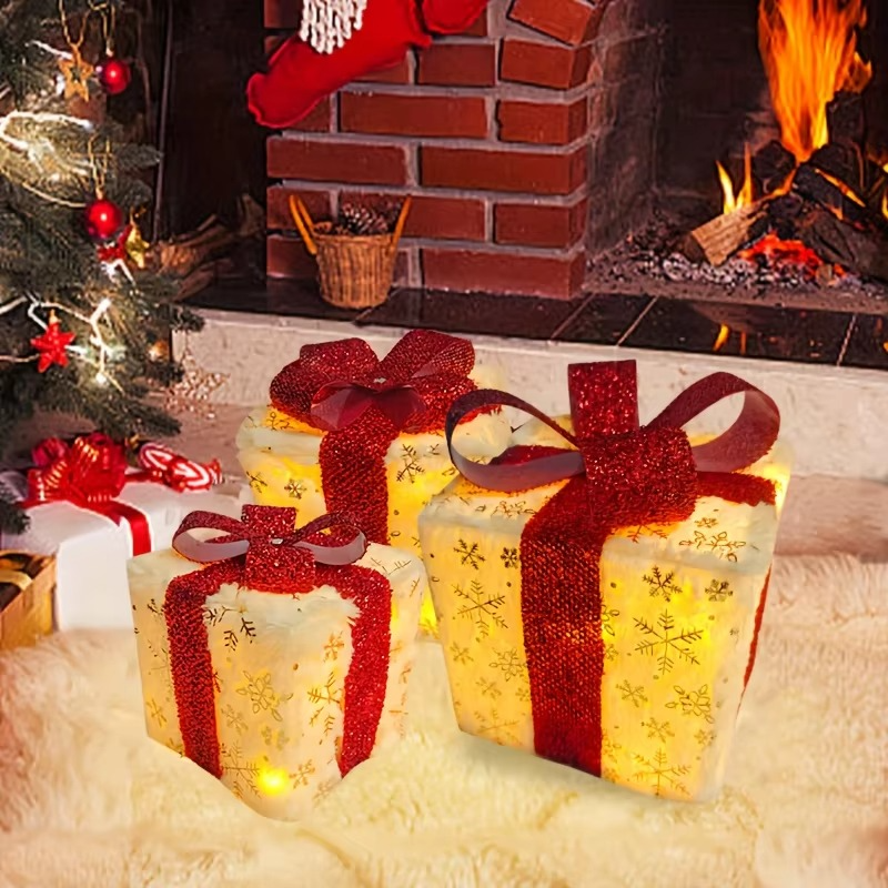 3Pcs Christmas Lighted Gift Boxes With Led Light Up Decorations Present Boxes Set Battery Operated for Indoor Patio Garden Decor