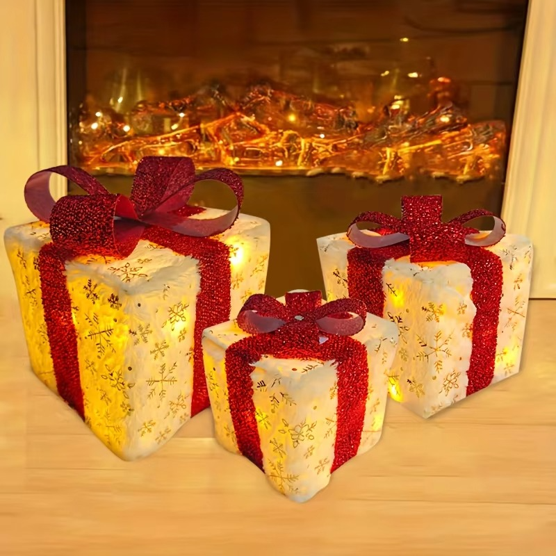3Pcs Christmas Lighted Gift Boxes With Led Light Up Decorations Present Boxes Set Battery Operated for Indoor Patio Garden Decor
