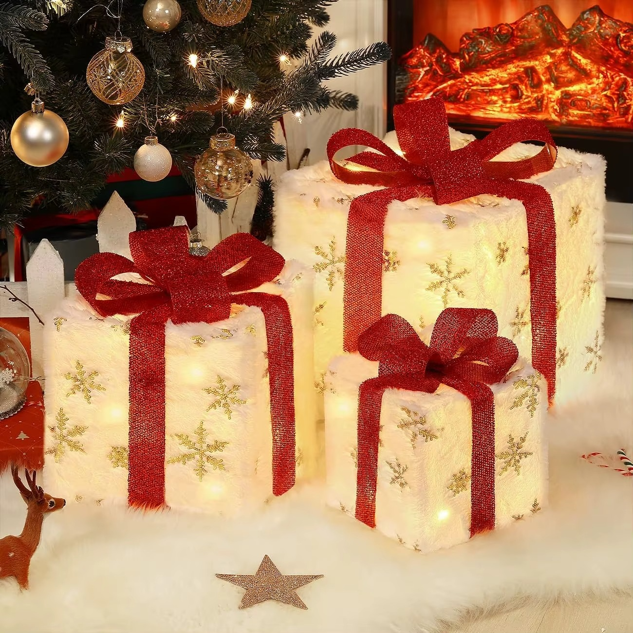3Pcs Christmas Lighted Gift Boxes With Led Light Up Decorations Present Boxes Set Battery Operated for Indoor Patio Garden Decor