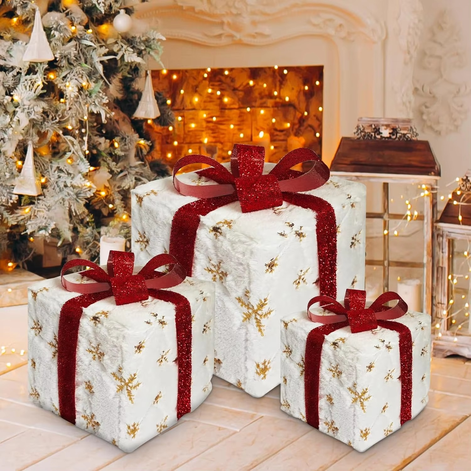 3Pcs Christmas Lighted Gift Boxes With Led Light Up Decorations Present Boxes Set Battery Operated for Indoor Patio Garden Decor