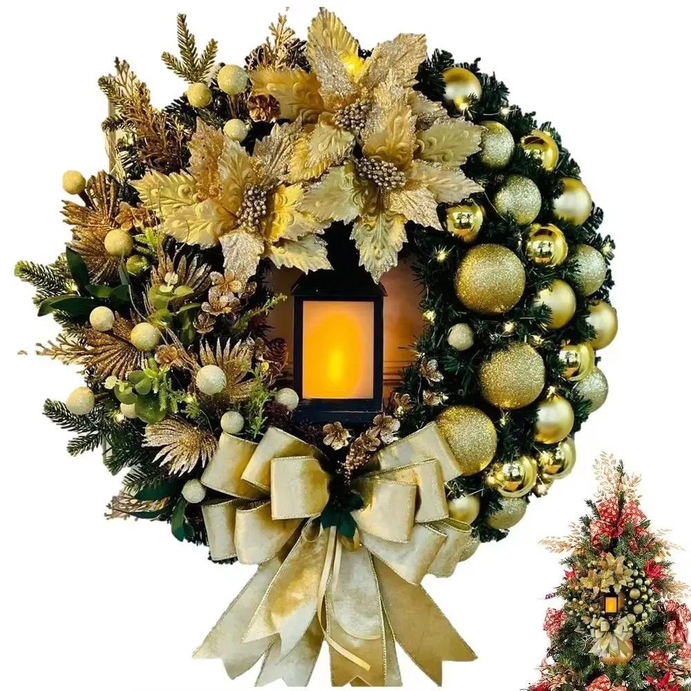 30cm Christmas Wreath With Lantern Front Door Garland With Large Bow Seasonal Ornament Christmas Decoration For Front Door Wall