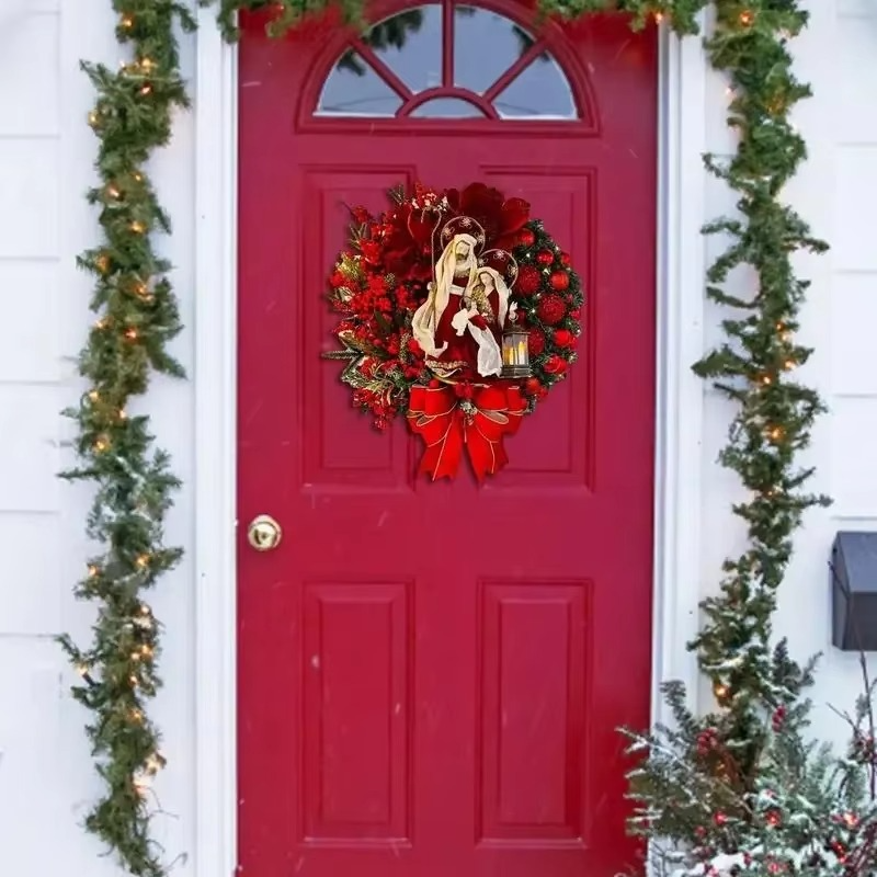 30cm Christmas Wreath With Lantern Front Door Garland With Large Bow Seasonal Ornament Christmas Decoration For Front Door Wall