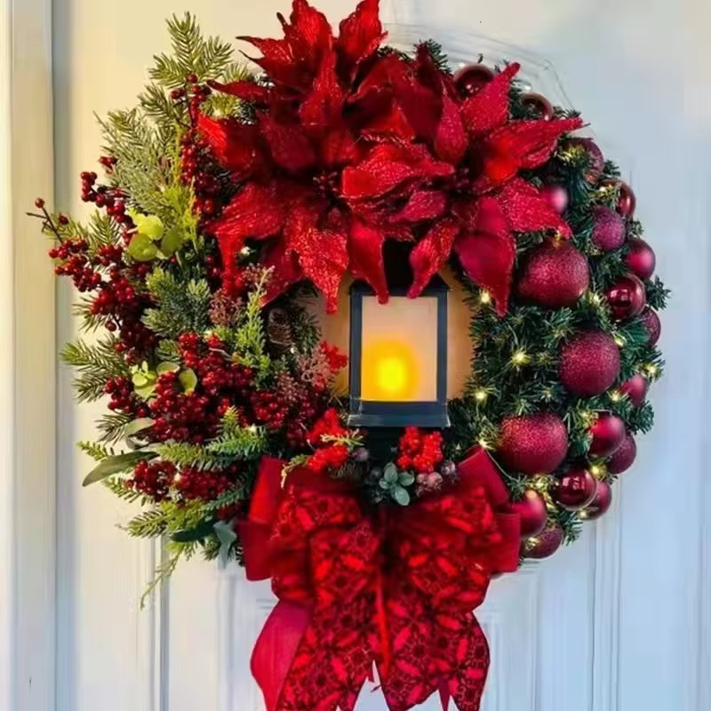 30cm Christmas Wreath With Lantern Front Door Garland With Large Bow Seasonal Ornament Christmas Decoration For Front Door Wall