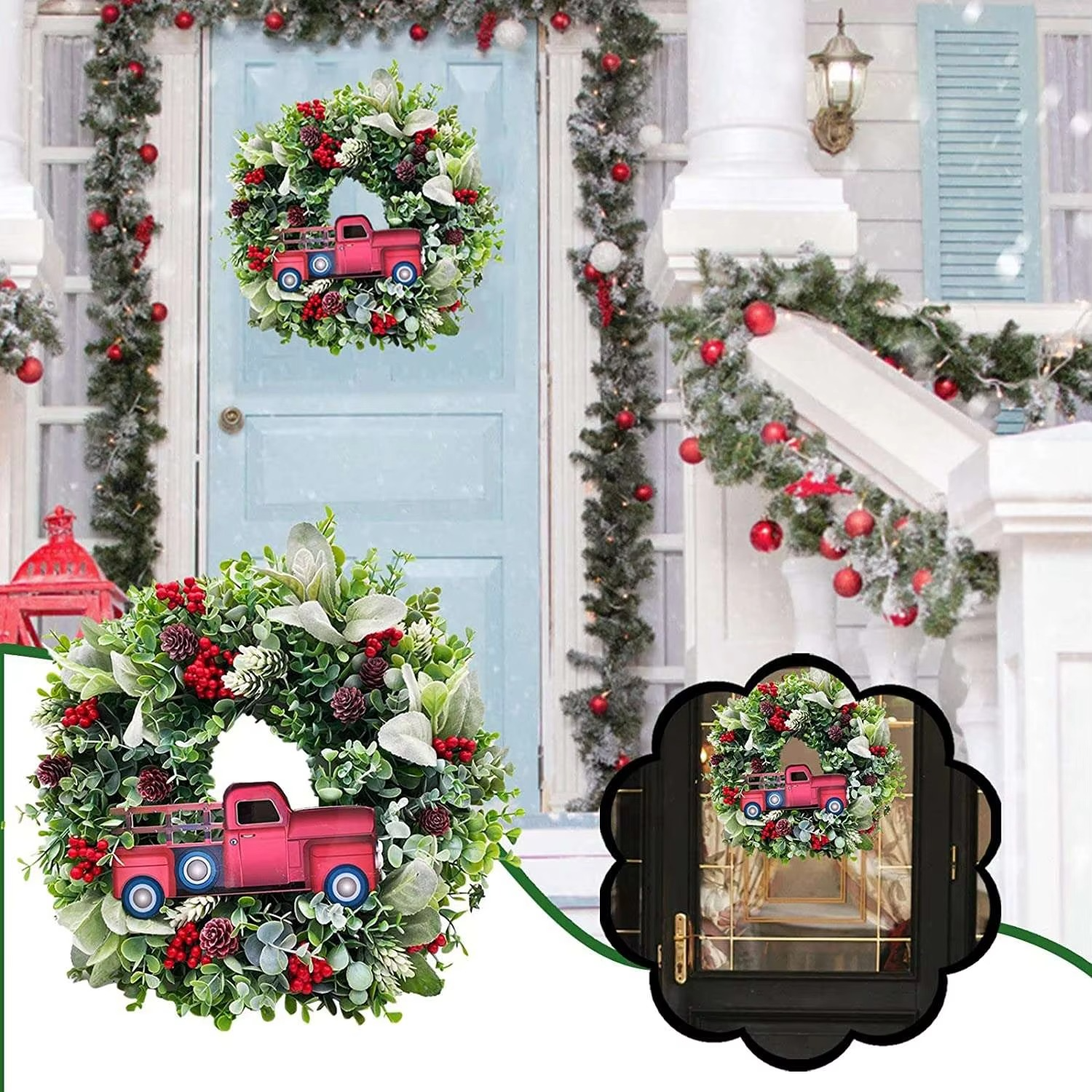 Vintage Truck Berry Fall Wreath For Front Door Vintage Christmas Wreath Holiday Pinecone Wreath Hanging Garland-BAAQ