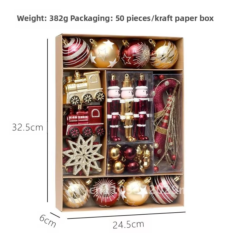 50PCs Wine Gold Painted Christmas Ball Set Modern Minimalist Pendant Decorations for Christmas Tree Various Sizes Plastic