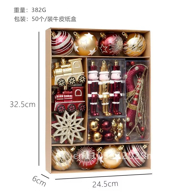 50PCs Wine Gold Painted Christmas Ball Set Modern Minimalist Pendant Decorations for Christmas Tree Various Sizes Plastic
