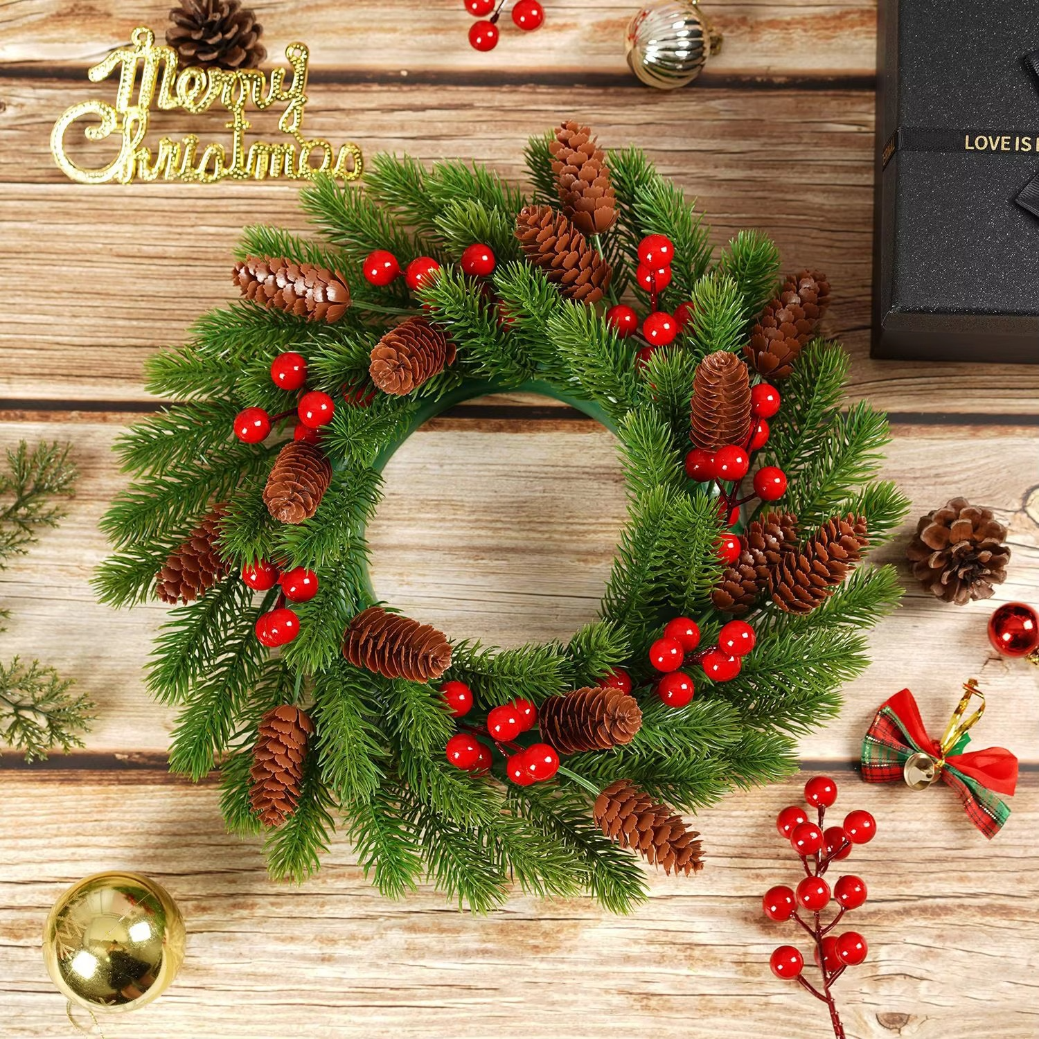 Artificial Christmas Wreath, Green, Decorated with Pine Cones, Berry Clusters, Frosted Branches, Christmas Collection