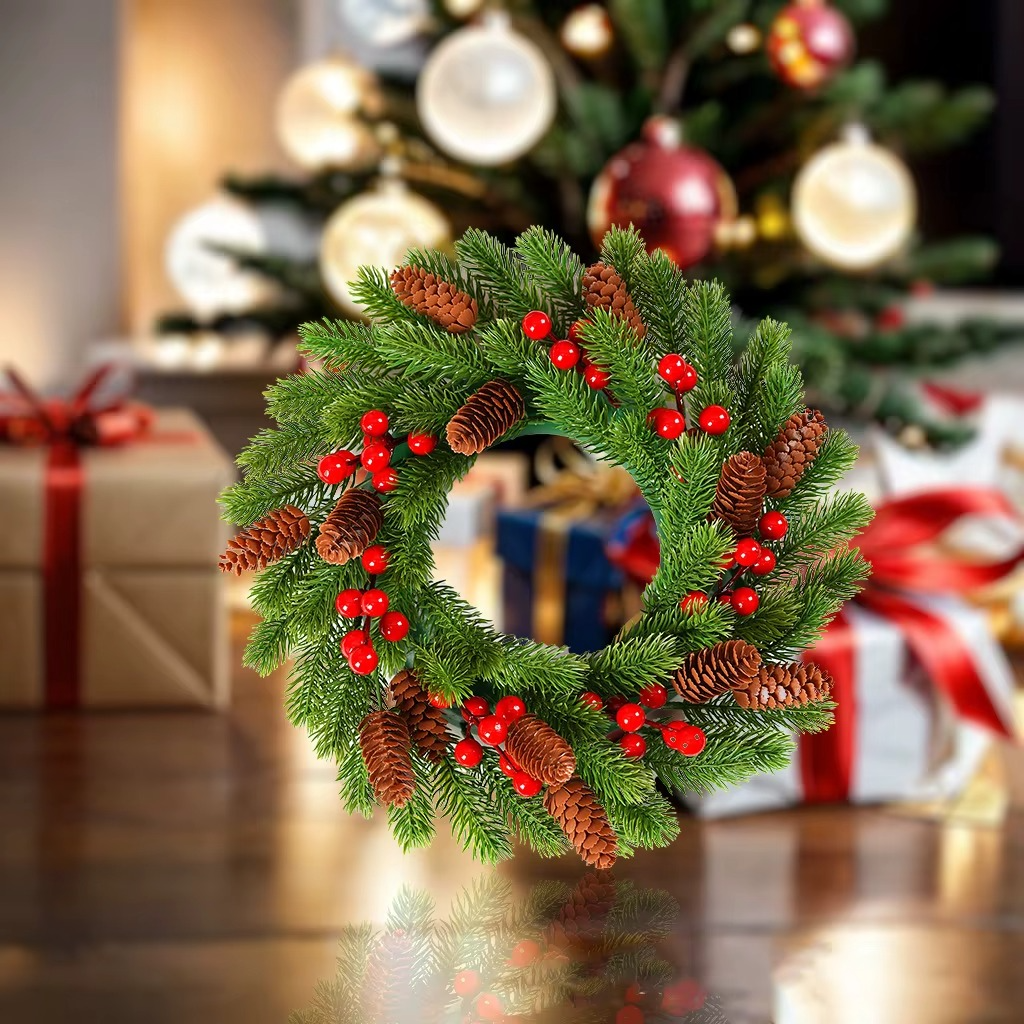 Artificial Christmas Wreath, Green, Decorated with Pine Cones, Berry Clusters, Frosted Branches, Christmas Collection