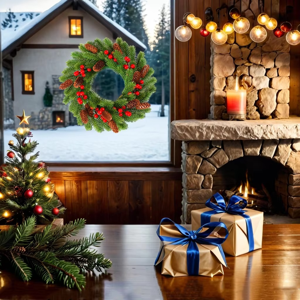 Artificial Christmas Wreath, Green, Decorated with Pine Cones, Berry Clusters, Frosted Branches, Christmas Collection