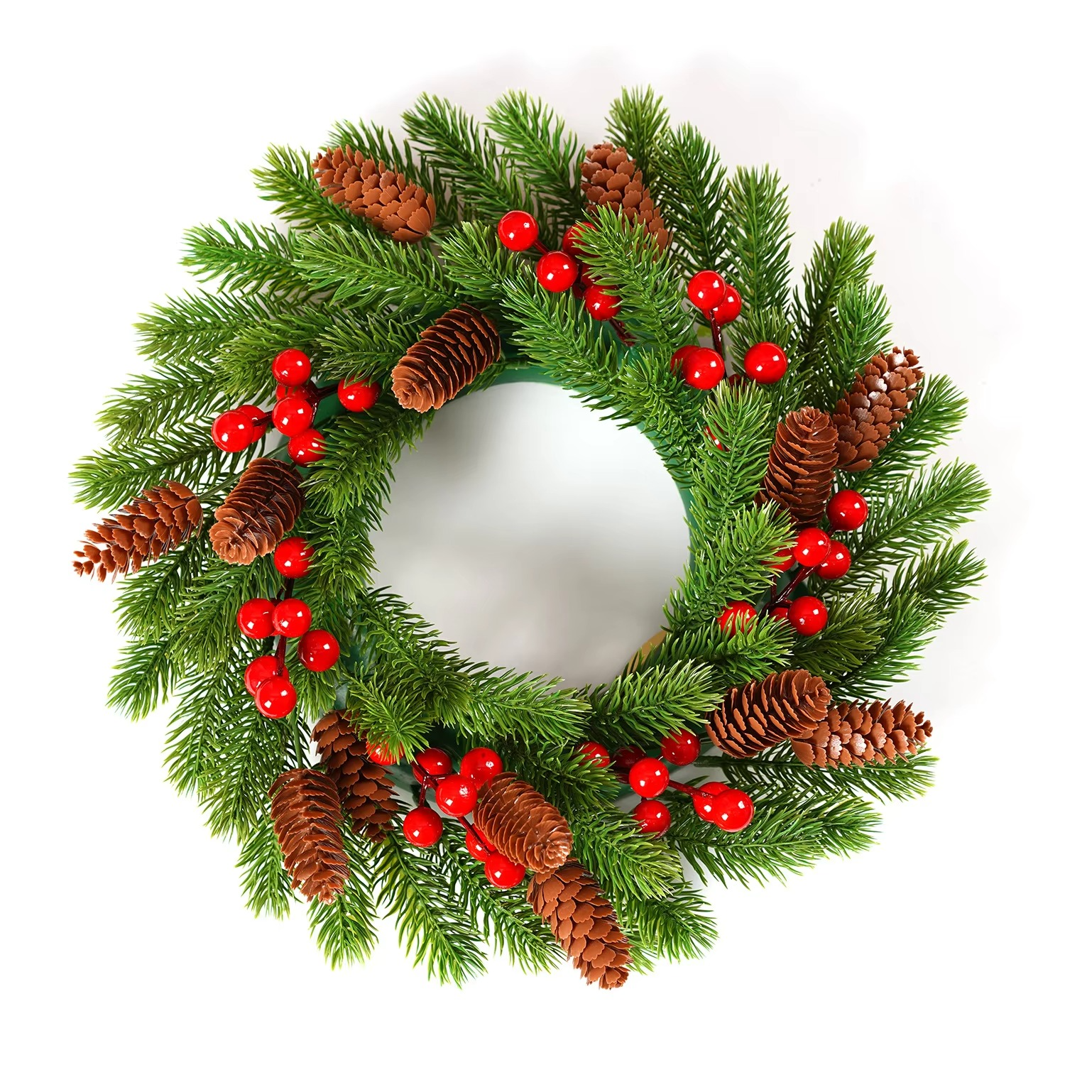 Artificial Christmas Wreath, Green, Decorated with Pine Cones, Berry Clusters, Frosted Branches, Christmas Collection