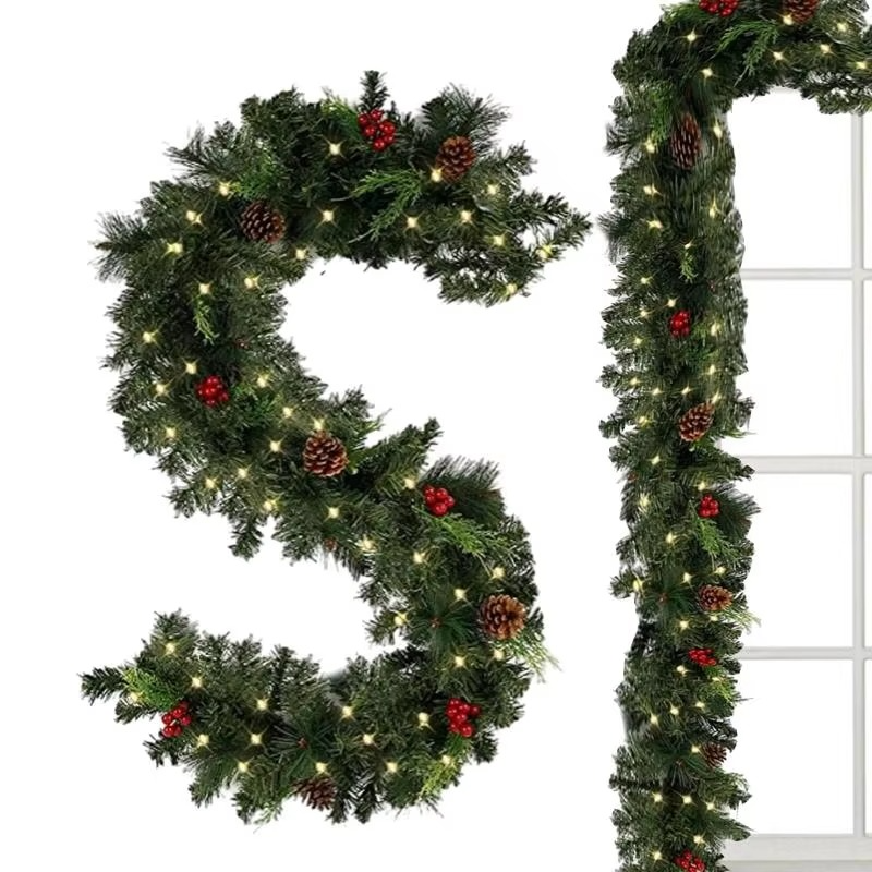 1.8M DIY Christmas Garland Outdoor Artificial Pine Garland Thick Battery Powered 2 Lighting Modes Christmas Red Berry Garland