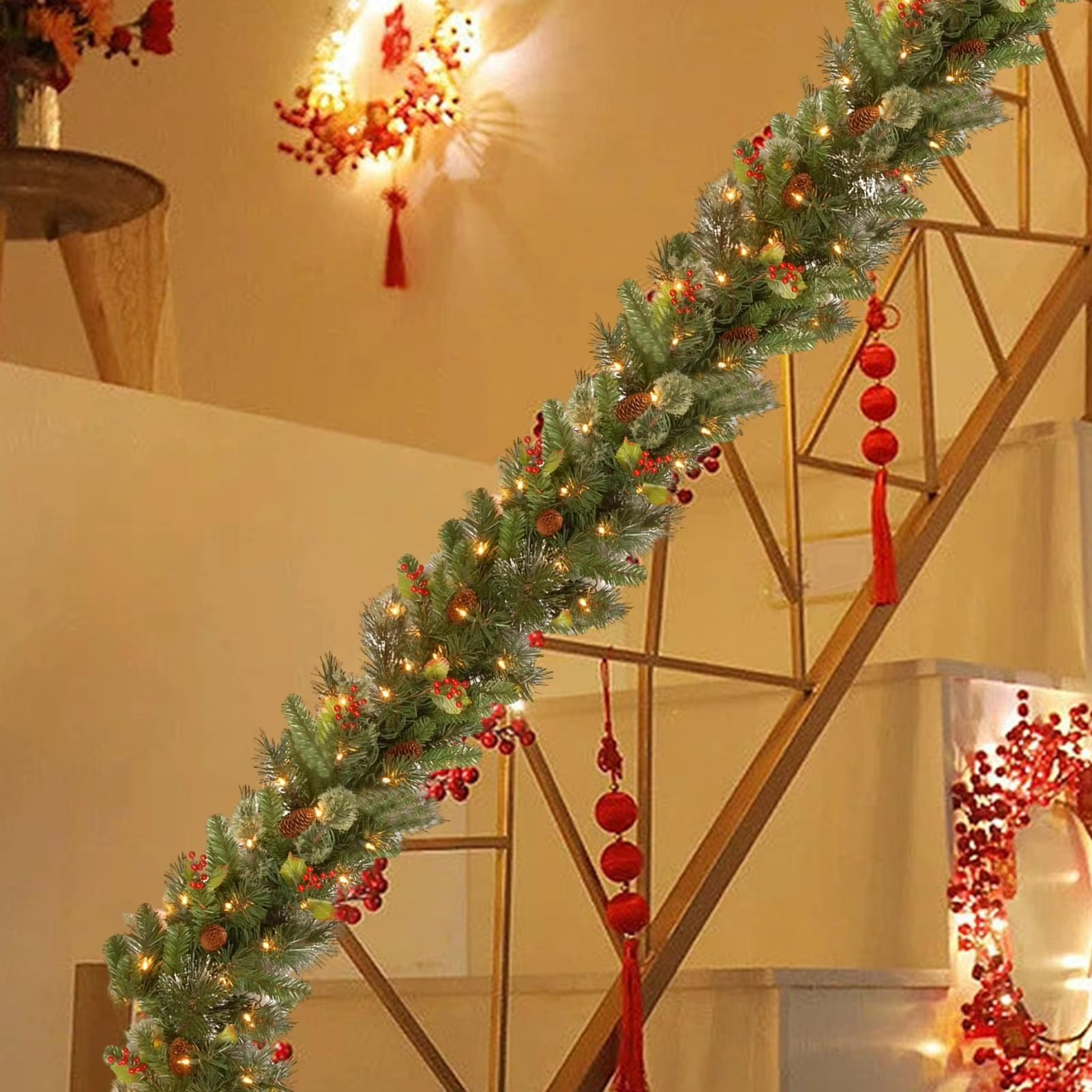 1.8M DIY Christmas Garland Outdoor Artificial Pine Garland Thick Battery Powered 2 Lighting Modes Christmas Red Berry Garland