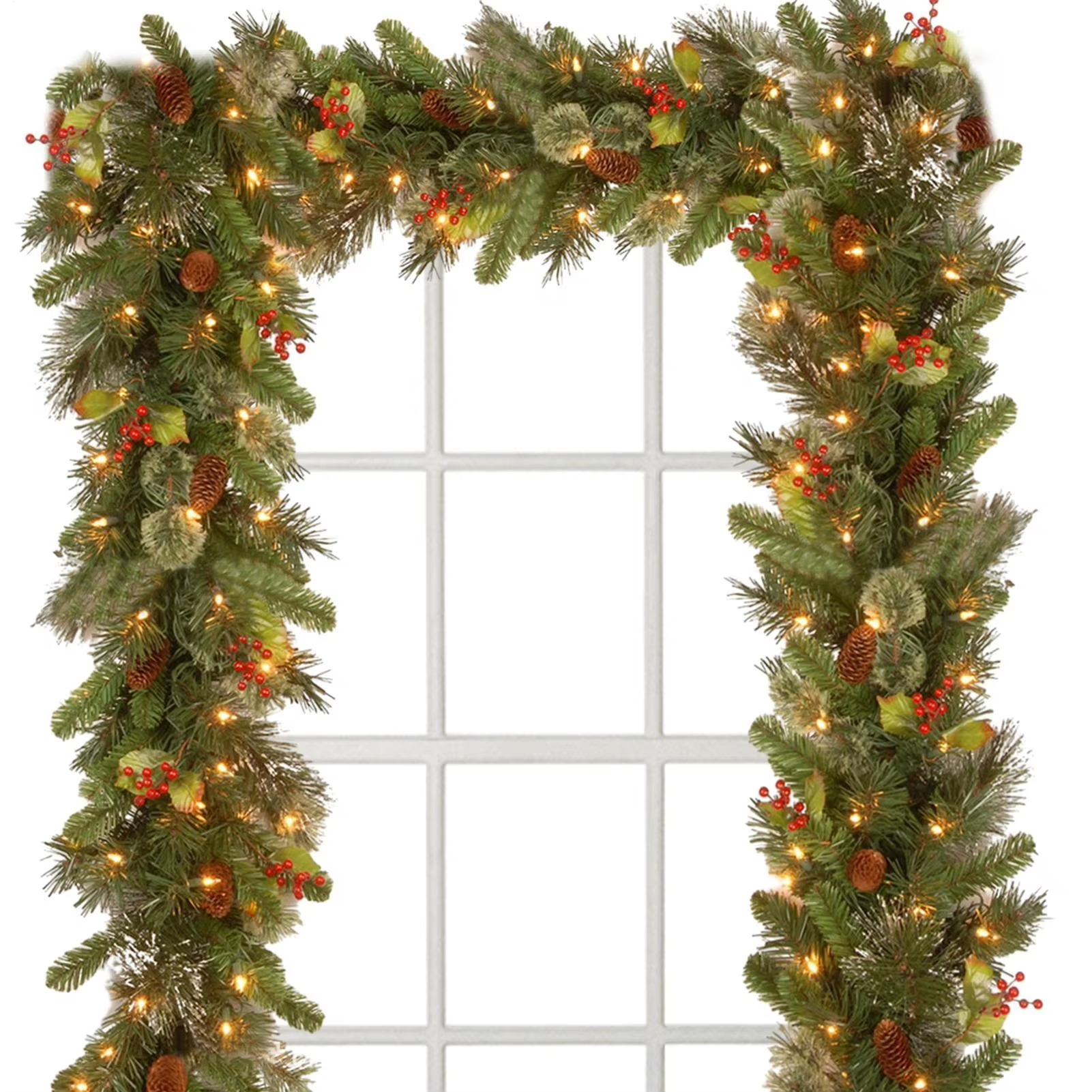 1.8M DIY Christmas Garland Outdoor Artificial Pine Garland Thick Battery Powered 2 Lighting Modes Christmas Red Berry Garland