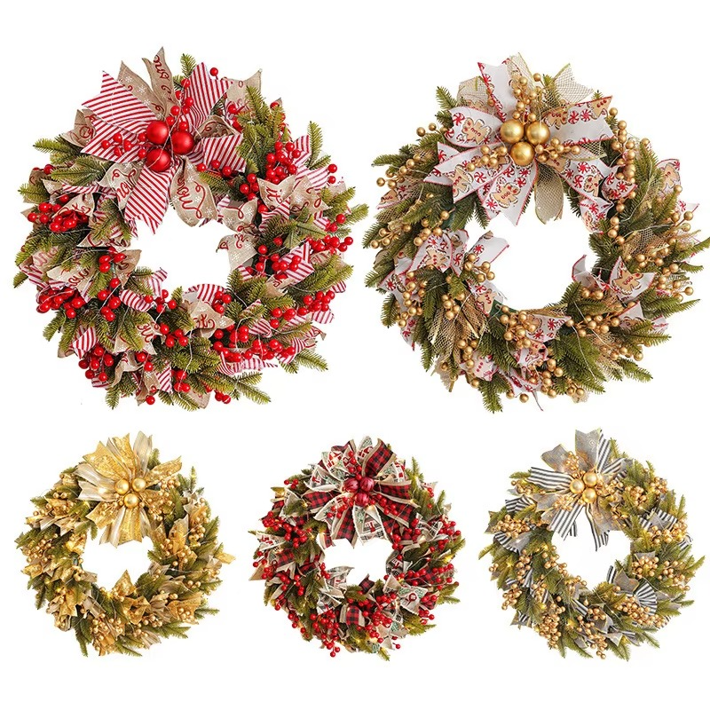 Christmas Wreath with LED Fairy Light Door Hanging Garland Pine for Home Decorations Xmas Party Supplies Happy New Year