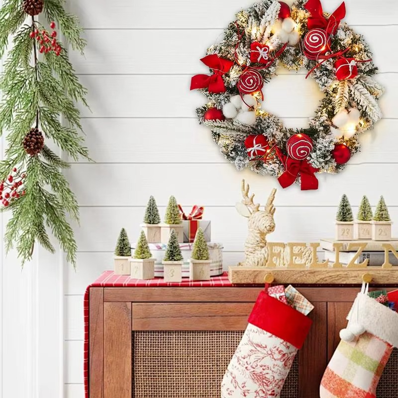 Light Up Christmas Wreath 11.81in Snowy Flocked Christmas Wreath Decorations With LED Lights And Balls Holiday Garland Ornament