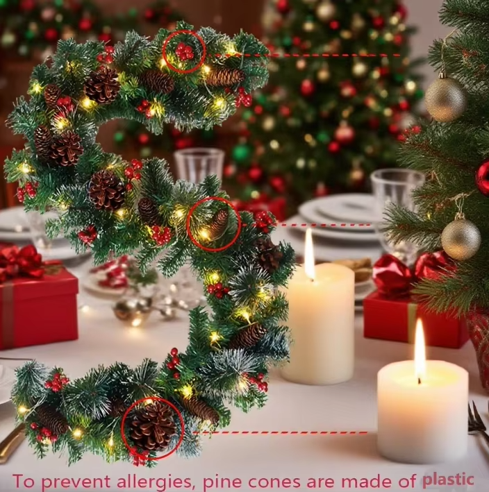Artificial Christmas wreath - realistic red berries holly leaf wreath, suitable for stairs, creating a festive atmosphere
