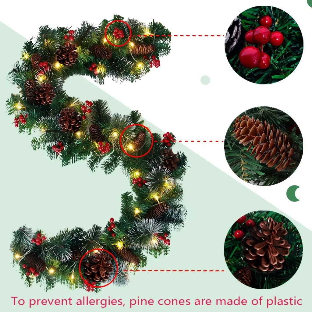 Artificial Christmas wreath - realistic red berries holly leaf wreath, suitable for stairs, creating a festive atmosphere