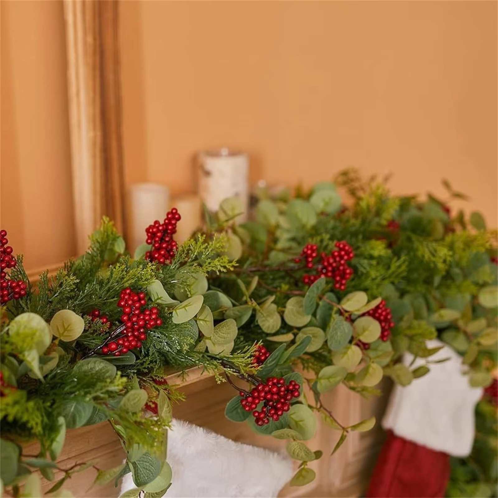 Christmas decoration 6.3ft Xmas Garland Artificial Berries Garland Holiday Xmas cabinet, table Artificial leaf decor wreath