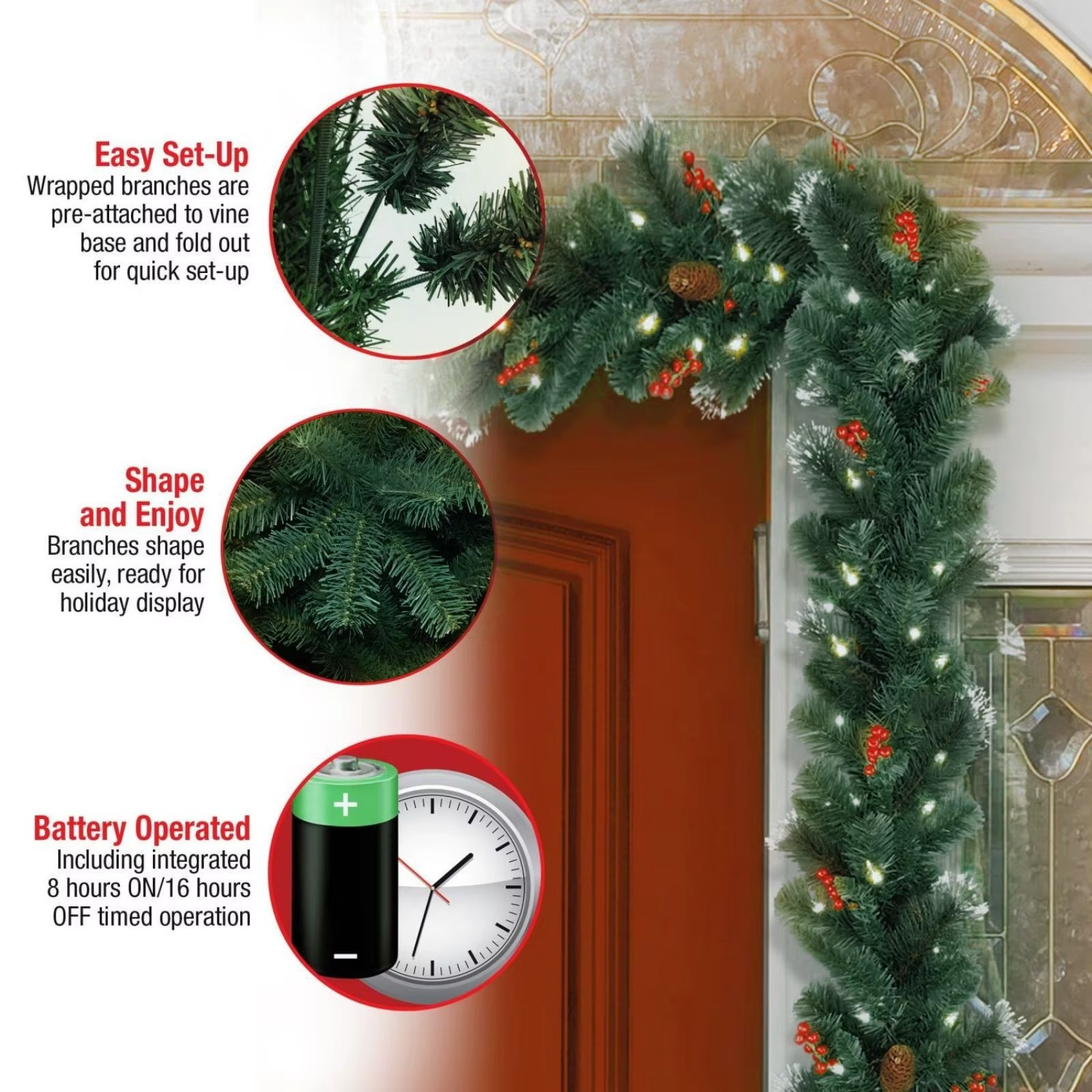 1.8m Norfolk Garland Christmas Rattan With 30 LEDs Wall Door Hanging Decor,Artificial Green Plant Christmas Party Decorations