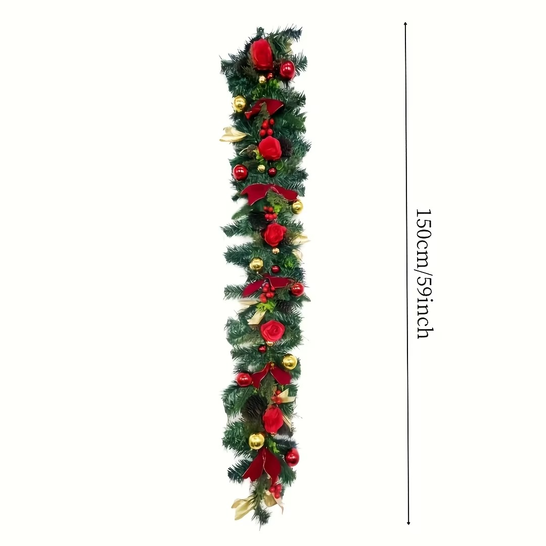 1.5M Christmas Rattan Artificial Red Rose Garland For Front Door Staircase Fireplace Table Hanging Pendant Christmas Decoration