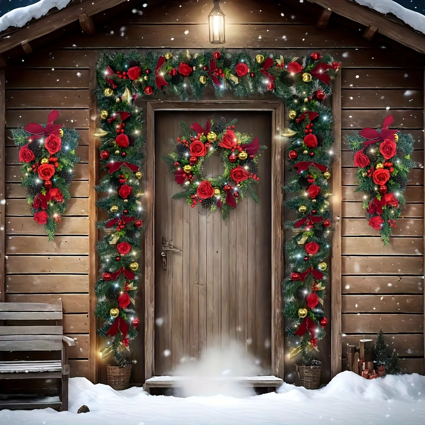 1.5M Christmas Rattan Artificial Red Rose Garland For Front Door Staircase Fireplace Table Hanging Pendant Christmas Decoration