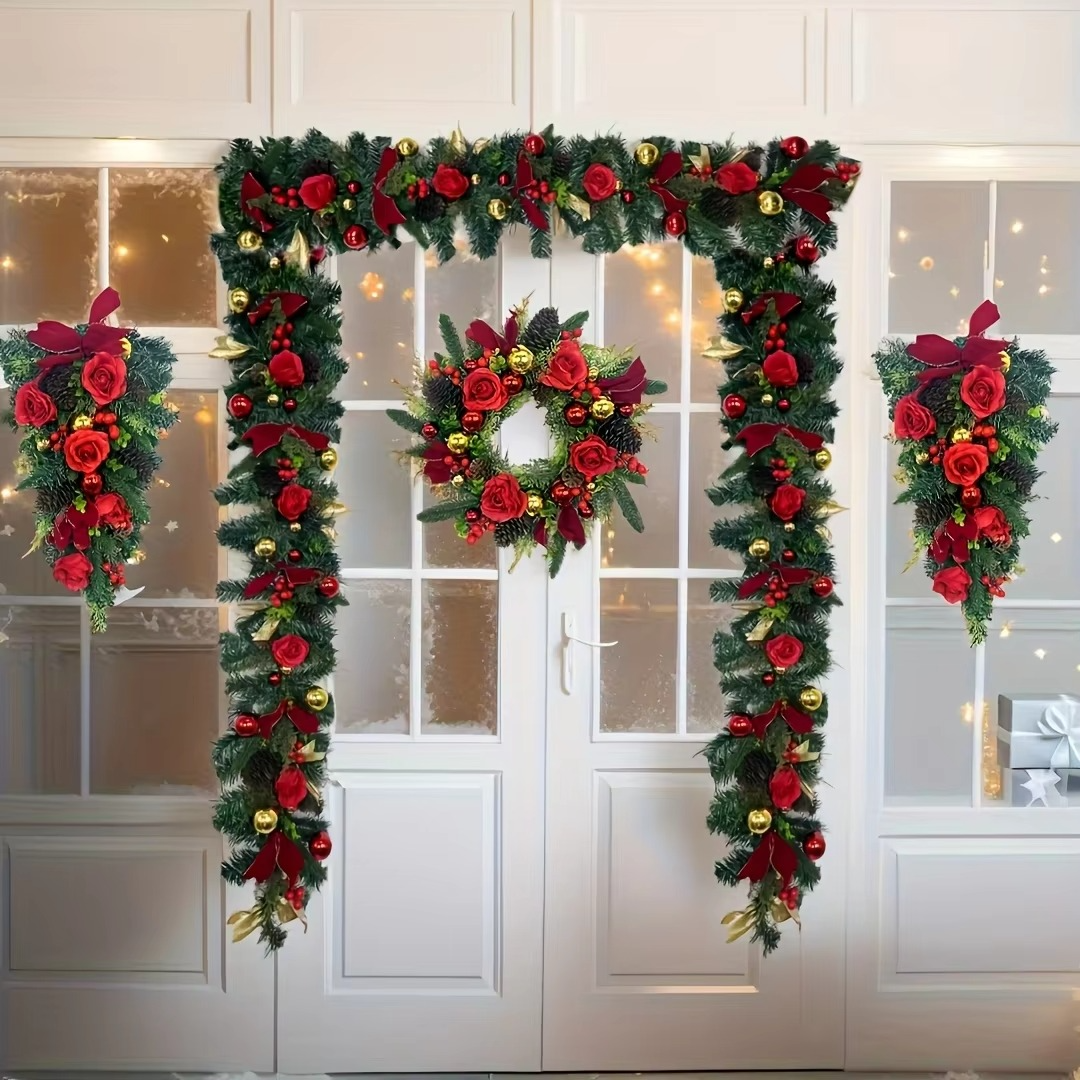 1.5M Christmas Rattan Artificial Red Rose Garland For Front Door Staircase Fireplace Table Hanging Pendant Christmas Decoration