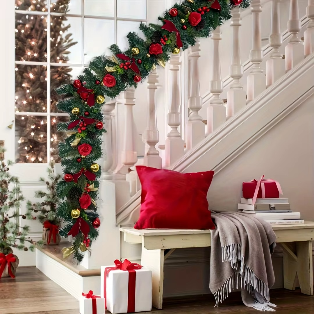 1.5M Christmas Rattan Artificial Red Rose Garland For Front Door Staircase Fireplace Table Hanging Pendant Christmas Decoration