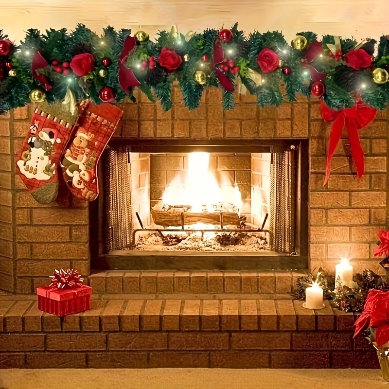 1.5M Christmas Rattan Artificial Red Rose Garland For Front Door Staircase Fireplace Table Hanging Pendant Christmas Decoration