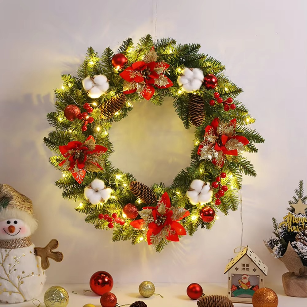 Christmas Door Decor Wreaths with Spruce Pine Cones Berry Ball 40CM Hanging Garlands Realistic PVC Light Up for Home Party Decor