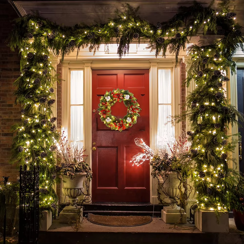 Christmas Door Decor Wreaths with Spruce Pine Cones Berry Ball 40CM Hanging Garlands Realistic PVC Light Up for Home Party Decor