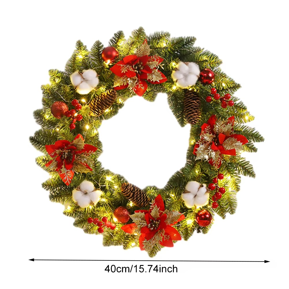 Christmas Door Decor Wreaths with Spruce Pine Cones Berry Ball 40CM Hanging Garlands Realistic PVC Light Up for Home Party Decor