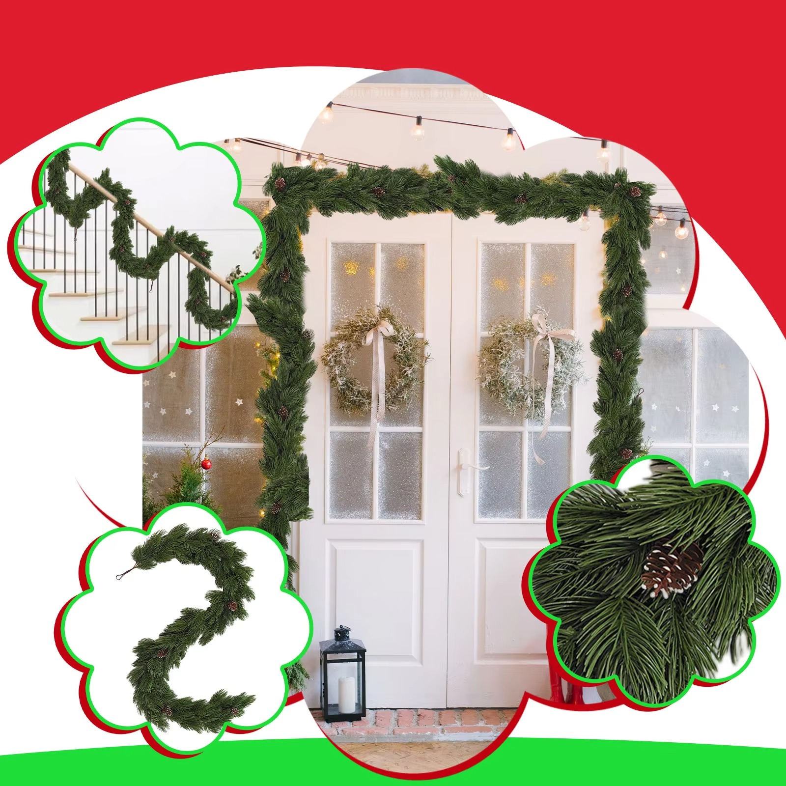 1.8m Christmas Vine Garland Decoration With Pine Cones Artificial Realistic Pine Wreath For Mantle,Stairs,Wall And Table